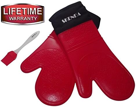 Silicone professional Oven Mitts 2 Heat Resistant, Cooking Mitts Gloves Great As A Grilling Gloves, BBQ Gloves, Cooking Mitts - Free E-books ( 5 ) And Pastry Brush - Extra Long Silicone Oven Mitts.