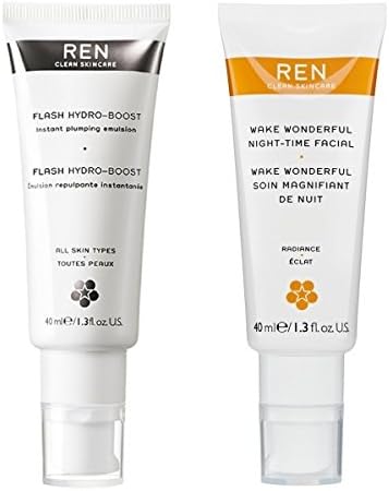 REN Skincare Flash Hydro-Boost Instant Plumping Emulsion and Wake Wonderful Night-Time Facial with Shea Butter, Rice Bran Oil, Cranberry Seed Oil, Safflower Oil and Palm Oil, 1.3 fl. oz. each