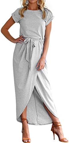 HIKARE Women's Short Sleeve Solid Color Front Split Casual Beach Wrap Maxi Dress with Belt