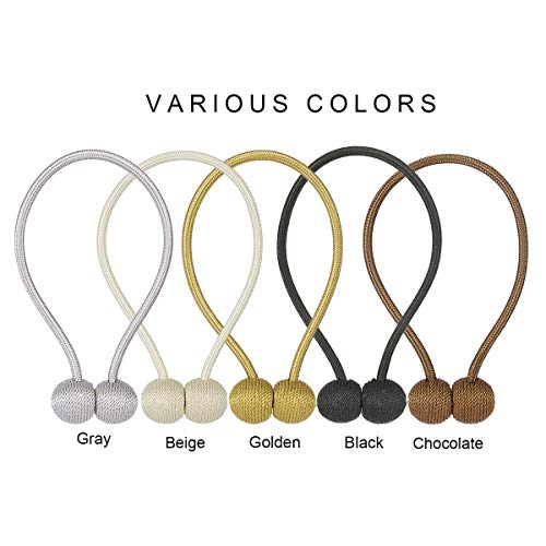 SPLF Magnetic Curtain Tiebacks with Unique Wooden Balls, 2 Pack Decorative Drapery Holdbacks Rope Holder for Home Kitchen Office Window Sheer Blackout Drapes, Silver-Gray