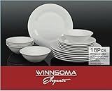 Winnsoma Elegante 18-Piece White Porcelain Dinnerware Set, Service For 6. Complete Set With 6 Dinner Plates, 6 Side Plates And 6 Small Bowls