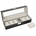 Zeeshy 6- slot Watch Box Black Pu Leather Diaplay Case Glass Top with Key Lock