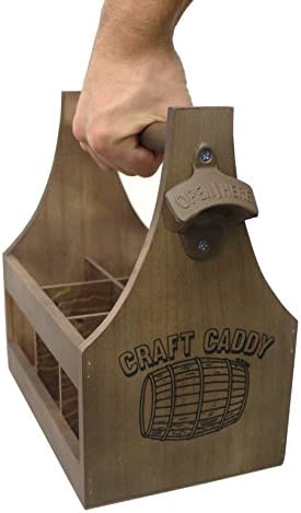 Craft Caddy Wooden Beer Carrier 6 Six Pack Bottle Caddy Tote Holder with Attached Bottle Opener