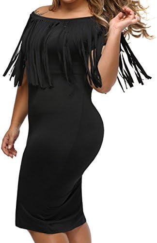 Vevetin Women's Plus Size Off Shoulder Fringe Tassel Bodycon Club Party Dress (XXL(US18-20), Black)