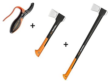 Gartenpaul Set: FISKARS Spaltaxt X27 - XXL + FISKARS Spaltaxt X11 - S + GARTENPAUL Axt- und Messerschärfer