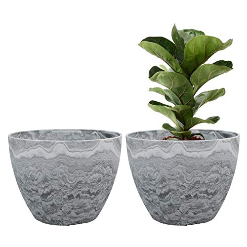 Flower Pot Garden Planters 12 Inch Pack 2 Outdoor Indoor, Resin Plant Containers with Drain Hole (Marble) (Best Flowers For Outdoor Pots)