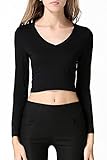 S-ZONE Women's Crop Top,Stretchy Modal,Long Sleeve,V-Neck