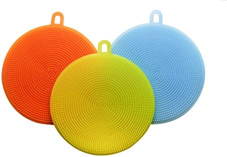 Kitchen Savvi NEW Silicone Sponge 3 Pcs For Kitchen And Bathroom Dishwasher Safe Round Dish Scrubber Wash Pads Heat-Proof Mat Cleaning Brush Blue Orange Yellow