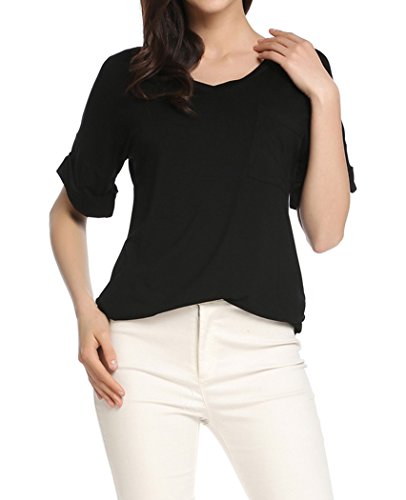 Locryz Women's Casual Basic V Neck T-Shirt Roll Over Short Sleeve Solid Comfy Tee Blouse Tops(L, Black)