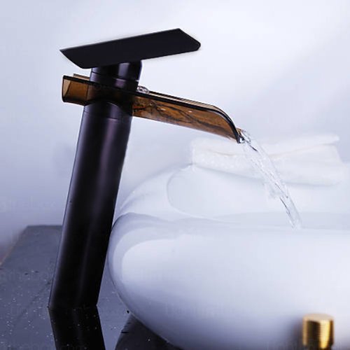 Hiendure Deck Mounted Brass Bathroom Faucet with Glass Spout Vessel Sink Basin Tap Mixer Oil Rubbed Bronze