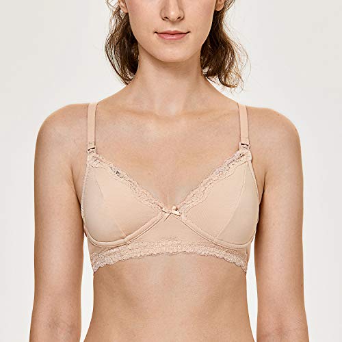 MOMANDA Women's Lace Trim Wire Free Cotton Soft Cup Maternity Nursing Bra Beige 36C