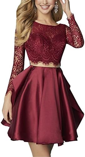 Two Piece Homecoming Dresses With Sleeves Lace Beads Ruffle V Backless Scoop Short Prom Dress Burgundy 18W