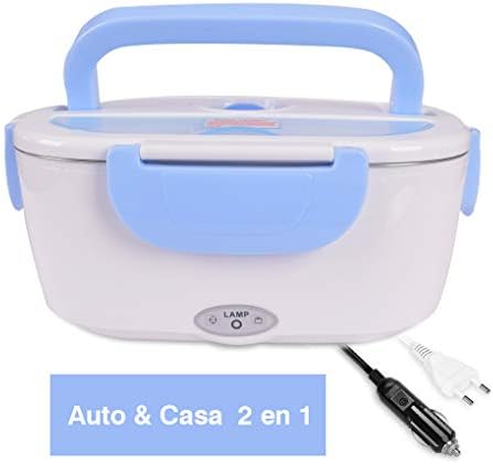 Electric Lunch Box 2 in 1 for Car and Work Electric Tarter 220V & 12V Electric Food Warmer 1.5L Stainless Steel with Two Compartments and Spoon (Blue)
