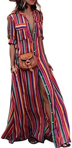 Women's Boho Half Sleeve Rainbow Striped Front Pocket Button Down Single Breasted Long Maxi Dress