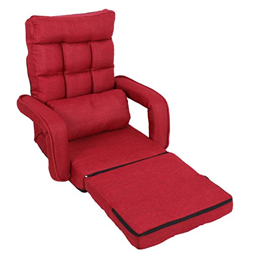 Red Adjustable Folding Lazy Sofa Floor Chair Sofa Lounger Bed w/ Armrests & Pillow For Leisure - Thumbnail 2