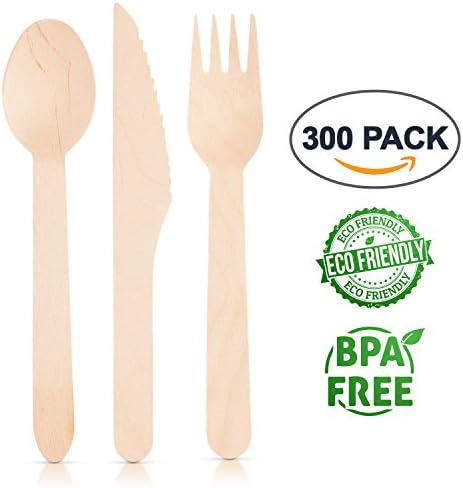 Eco Friendly Disposable Wooden Utensils: Birch Wood Home Kitchen Cutlery Flatware Set - Non Toxic Rustic Biodegradable Compostable Dinner and Party Kitchenware Forks, Spoons and Knives - 300 Count