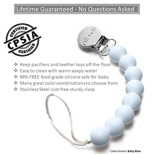 Modern Pacifier Clip for Baby - 100% BPA Free Silicone Beads (Baby Blue) Binky Holder for Newborn - Infant Baby Shower Gift - Universal fit MAM - Philips Avent