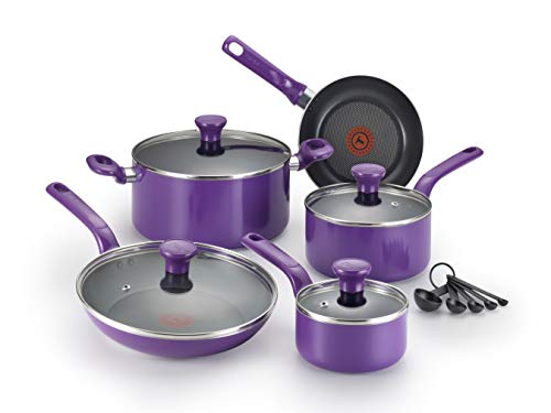 T-fal C970SE Excite Nonstick Thermo-Spot Dishwasher Safe Oven Safe PFOA Free Cookware Set, 14-Piece, Purple