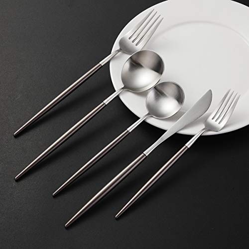 Artthome 20-Piece 18/10 Stainless Steel Flatware Silverware Dinnerware Set Cutlery Tableware Include Knife Fork Spoon (Brown and Silver Matte) - Thumbnail 3
