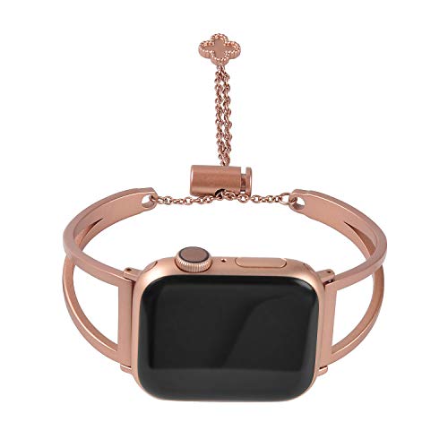 hooroor Bracelet Compatible for Apple Watch Band 38mm 40mm/42mm 44mm, Feminine Bangle Cuff with Clover Pendant for iWatch Bands Series 4 3 2 1 Stainless Steel Metal Wristband Strap (Gold, 42 mm 44mm) - Thumbnail 4