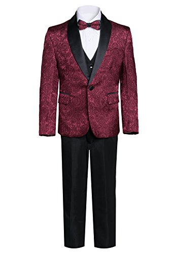 Boys Premium Paisley Patterned Shawl Lapel Tuxedos - Many Colors (1, Burgundy with Black)