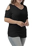 Allegrace Women's Plus Size Sexy V Neck Cold Shoulder Long Top Tees Casual T Shirt Black 3X