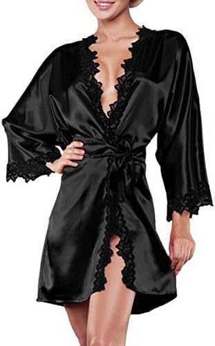 Selemory Women's Sexy Satin Lingerie Nightwear Short Kimono Robe Gown Sleepwear (Black, Large)