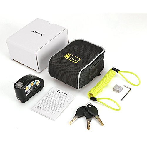 AGPTEK Disc Lock, Antitheft Steel Alarm Disk Brake Lock 110db 6mm Pin with 1.5m Reminder Cable for Motorcycles, Bikes and Scooters (Black with Reminder Cable)