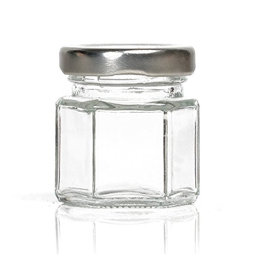 Hexagon Glass Jars by Nellam - 1.05oz, 24 Pack. Includes 48 Chalk Sticker Labels and 2x Chalk Pen. DIY Jars for Canning, Party Favors, Jams, Sauces, Herbs, Spices. (Silver Lid - 24 Pcs)