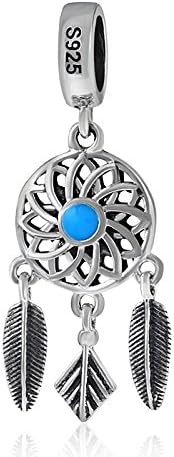LuckybeadsBlue Dreamcatcher Charm with Feather 925 Sterling Silver Christmas Gift Beads Charm fit for Pandora Charms Bracelets