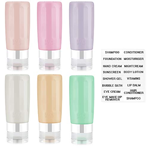 Travel Bottles TSA Approved Containers 3oz Leak Proof Silicone Travel Bottles Toiletries Containers with labels for Shampoo Conditioner Lotion Face Body Wash 6pcs