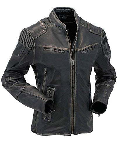 LP-FACON Mens Brando Motorcycle Black Rider Vintage Cafe Racer Biker Retro Leather Jacket