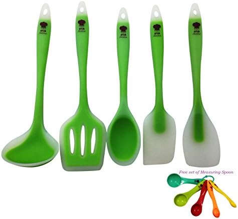 Silicone Cooking Utensils set of 5 piece, Includes Spatula, Serving Spoon, Scraper, Slotted Turner, Soup Ladle with free set of Measuring Spoons from Akitchen