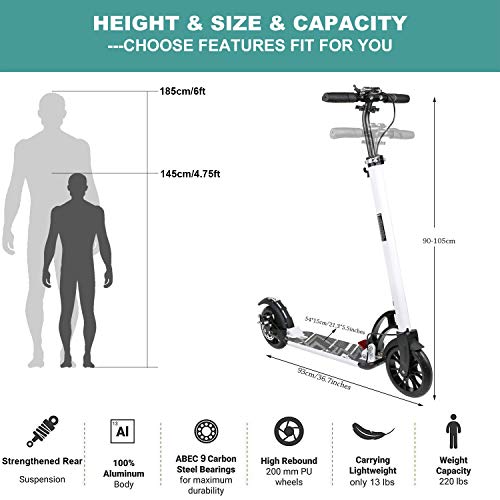 VOKUL Foldable Kick Scooter for Adults Teens Kids with Big 200mm Wheel,Hand Disc Brake Two-Wheels Commuter Scooter -Aesthetic Design,Full Aluminum Body,3 Seconds Easy-Folding System,220lbs Capacity