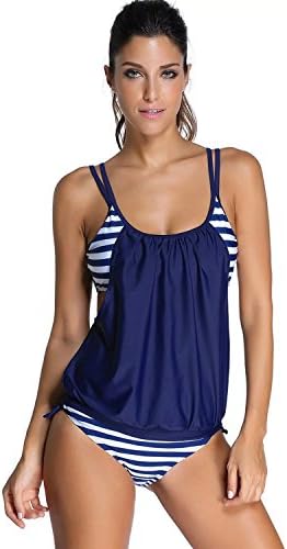 Women's Nautical Sailor Stripes Tankini Swimsuit with Strappy Bikini Shorts Navy