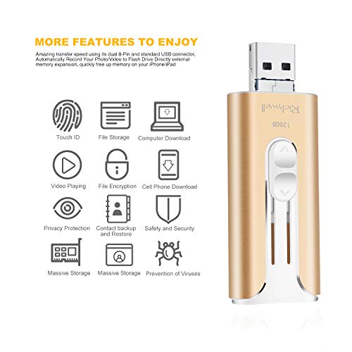 USB Flash Drive 128GB Thumb Drive Memory Stick iOS Flash Drive for iPhone Photo Stick 3in1 External Storage USB Drive Richwell Compatible iPhone iPad Mac Android and Computer(Pink128G-UX)