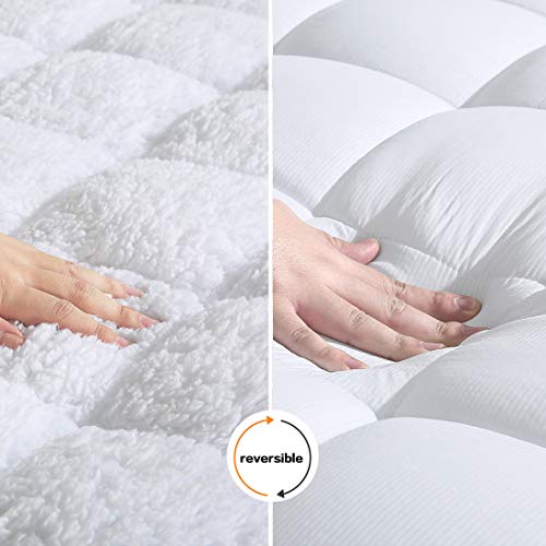 INGALIK Queen Mattress Topper - Cooling 400TC Pillow Top Mattress Pad Cover/Warm Plush Sherpa Fleece Reversible Quilted Fitted Mattress Protector with 8-21 Inch Deep Pocket for All Season