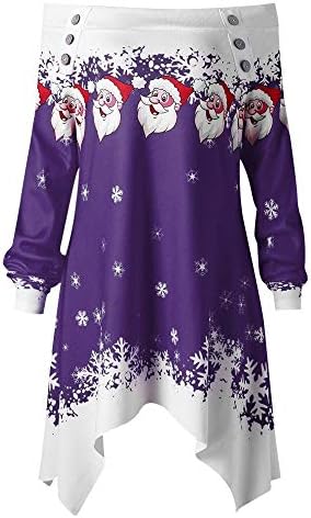 Moonuy Festive Christmas Stylish Design Sweatshirt Party Dress for Christmas Party Decoration Fashion Women Christmas Santa Snowflake Printed Tops Off Shoulder Asymmetric Sweatshirt