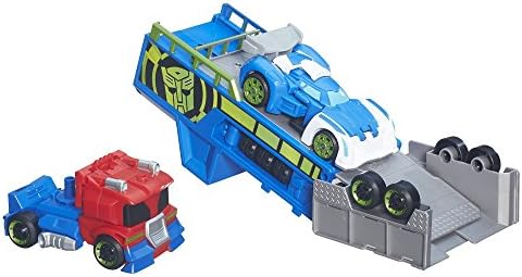 playskool heroes transformers rescue bots optimus prime racing trailer