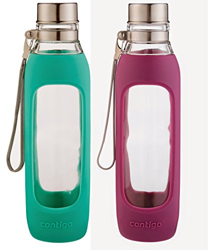 Contigo Purity Glass Water Bottle, 20-Ounce, 2 Pack Greyed Jade / Radiant orchid