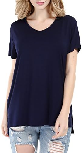 Women’s Casual with Side Split V-Neck Short Sleeve Tops High Low T-Shirt (Navy, S)