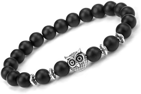 Gadblesjew Men Women 8mm Weathered Agate Bracelet Elastic Natural Stone Beads Bracelet Bangle With Charm Owl
