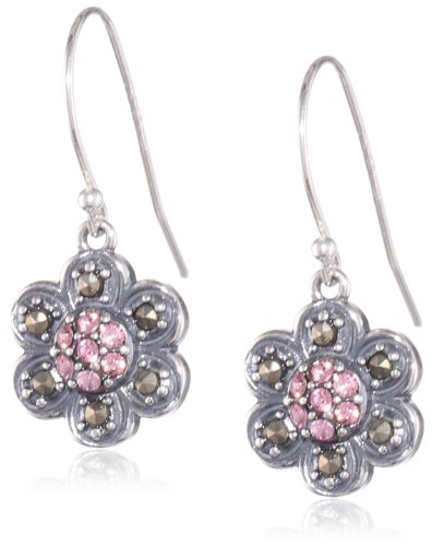 Sterling Silver Oxidized Marcasite and Swarovski Crystal Rose Wire Dangle Earrings