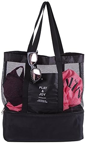 Beach Tote Bags, SUROY Portable Mesh Beach Bags, Wear-resisting Visualization Outdoor Sports Bags, Bottom Zipper Compartment and Layered Cooler Heat Insulation Picnic Bag (Black)