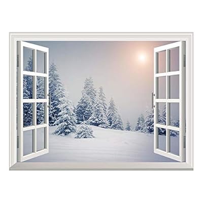 Removable Wall Sticker/Wall Mural - Pine Trees Covered by White Snow Out of The Open Window Wall Decorr - 36
