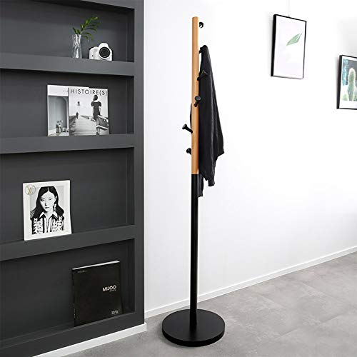 Struggle 6 Hooks Solid Wooden Coat Rack Coat Tree Hat Hanger with Round Base,Black