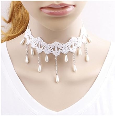 Gothic Lolita Gothic Necklace for Party,Victorian Lolita Choker Pendant Chain Cameo Beads Tassels Masquerade Dress Lolita White Choker for Girlfriend Gift