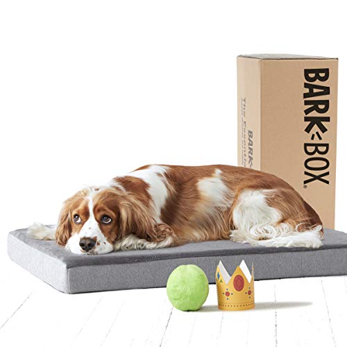 BarkBox Medium Gray 3 Inch Tall Pressure-Relief Orthopedic Memory Foam Dog Bed or Crate/Kennel Mat – Removable Washable Fleece Cover – Free Surprise