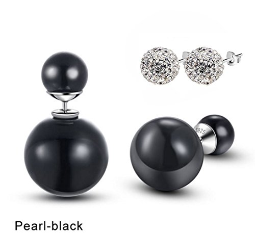 AdamEva Factory - 925 Sterling Silver Reversible Double-Sided Pearl Stud Earrings (Pearl Black)
