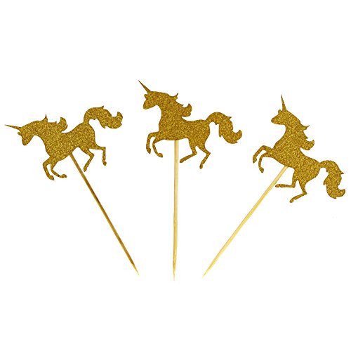 Miraclekoo Golden Glitter Unicorn Cupcake Toppers for Bridal Shower, Wedding Table Cake Decorations, Party Supply Favor Accents, 30 Pack